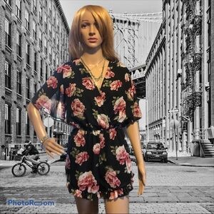 RUE 21 black & pink floral shorts romper